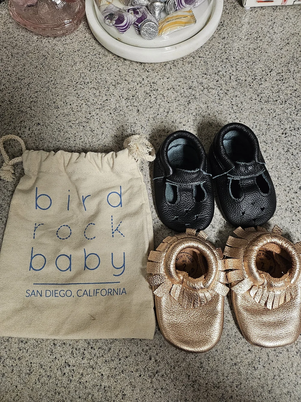 Freshly Picked Black and Rose Gold Baby Moccasins - Pair Set